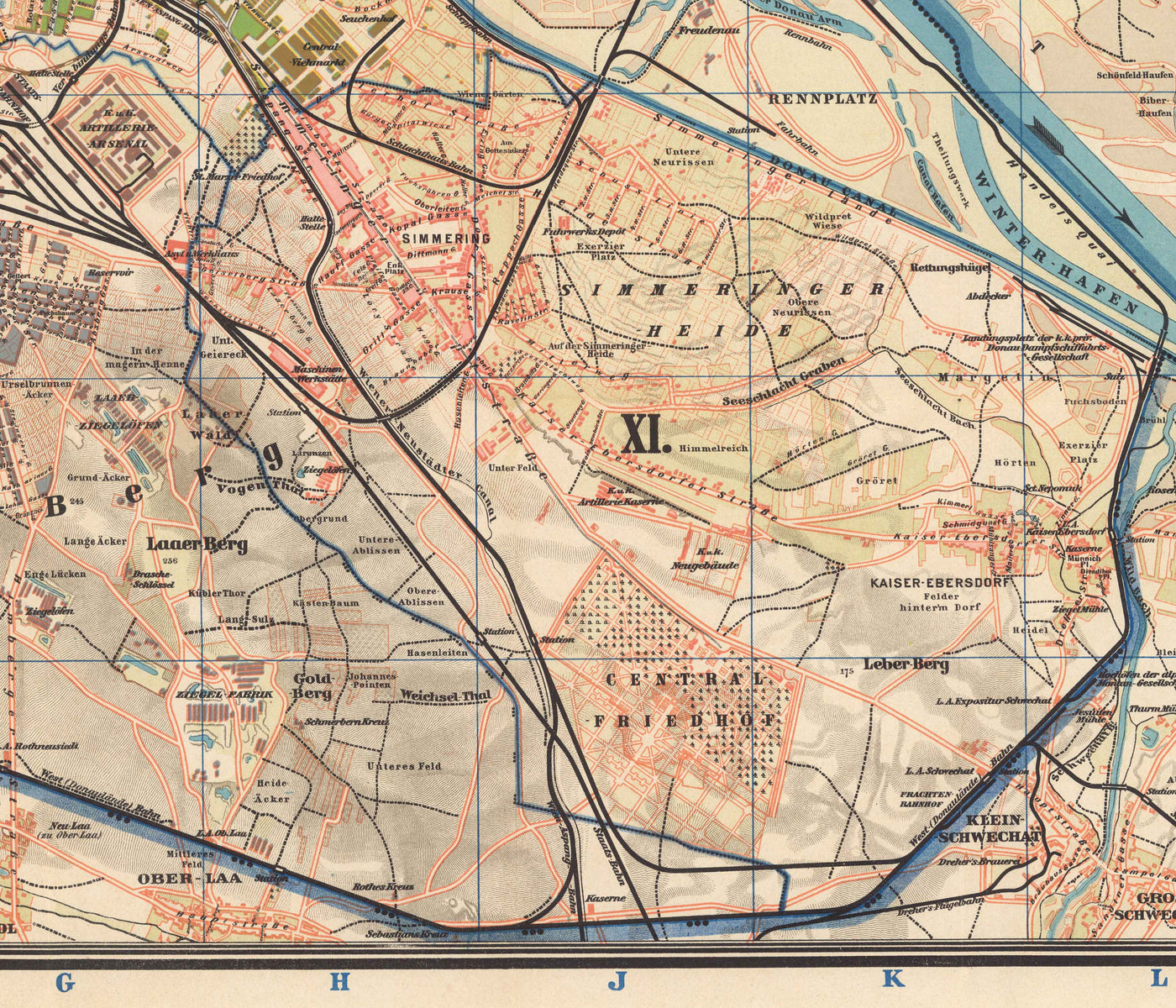 Ancienne carte de Vienne par Gustav Freytag en 1895 - Innere Stadt, Leopoldstadt, Wieden, Margareten, Landstraße