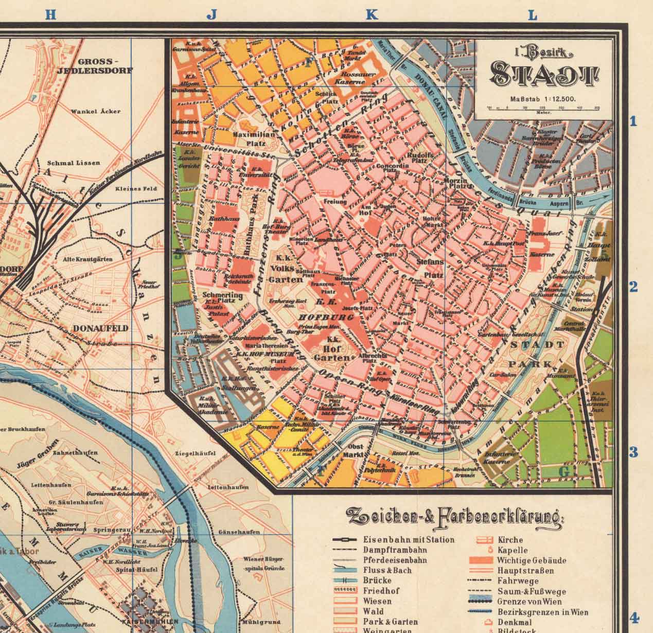 Alte Karte von Wien von Gustav Freytag aus dem Jahr 1895 – Innere Stadt, Leopoldstadt, Wieden, Margareten, Landstraße