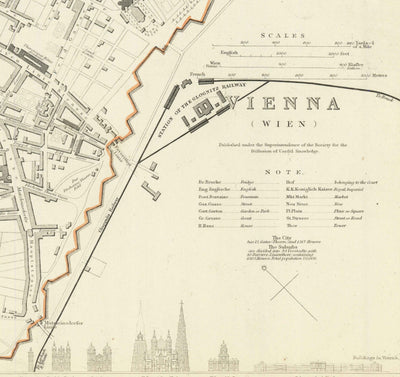 Old Map of Vienna by SDUK in 1887 - Danube River, Alte Donau, Graben, Rennweg, St. Charles's Church