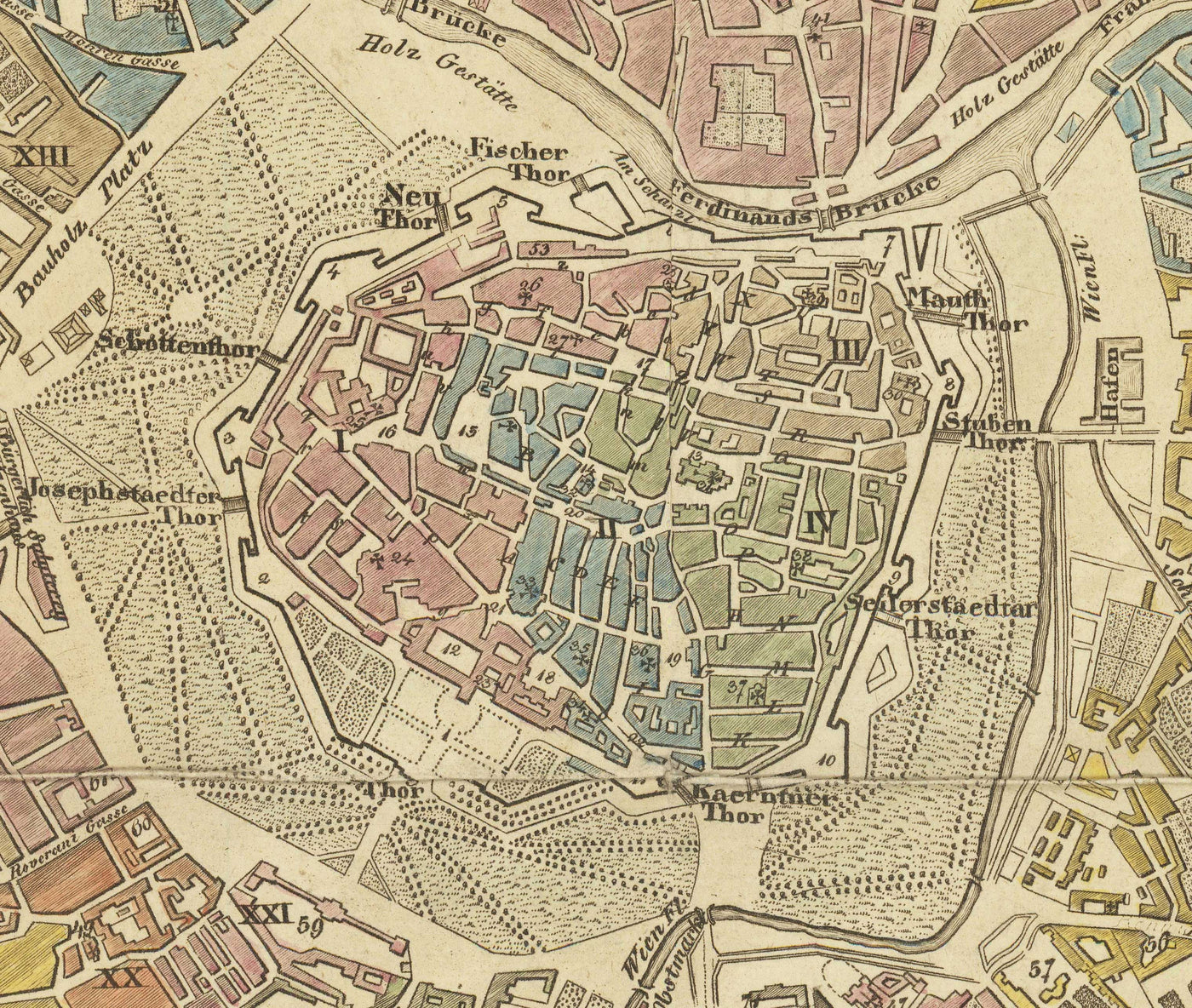 Old Map of Vienna by Tranquillo Mollo in 1803 - Augarten, Praterstern, Franzensbrucke, Burggarten, City Park