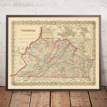 Vecchia mappa della Virginia di Colton, 1859: Richmond, Alexandria, Norfolk, Lynchburg, Petersburg 