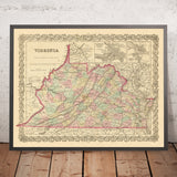 Vecchia mappa della Virginia di Colton, 1859: Richmond, Alexandria, Norfolk, Lynchburg, Petersburg 