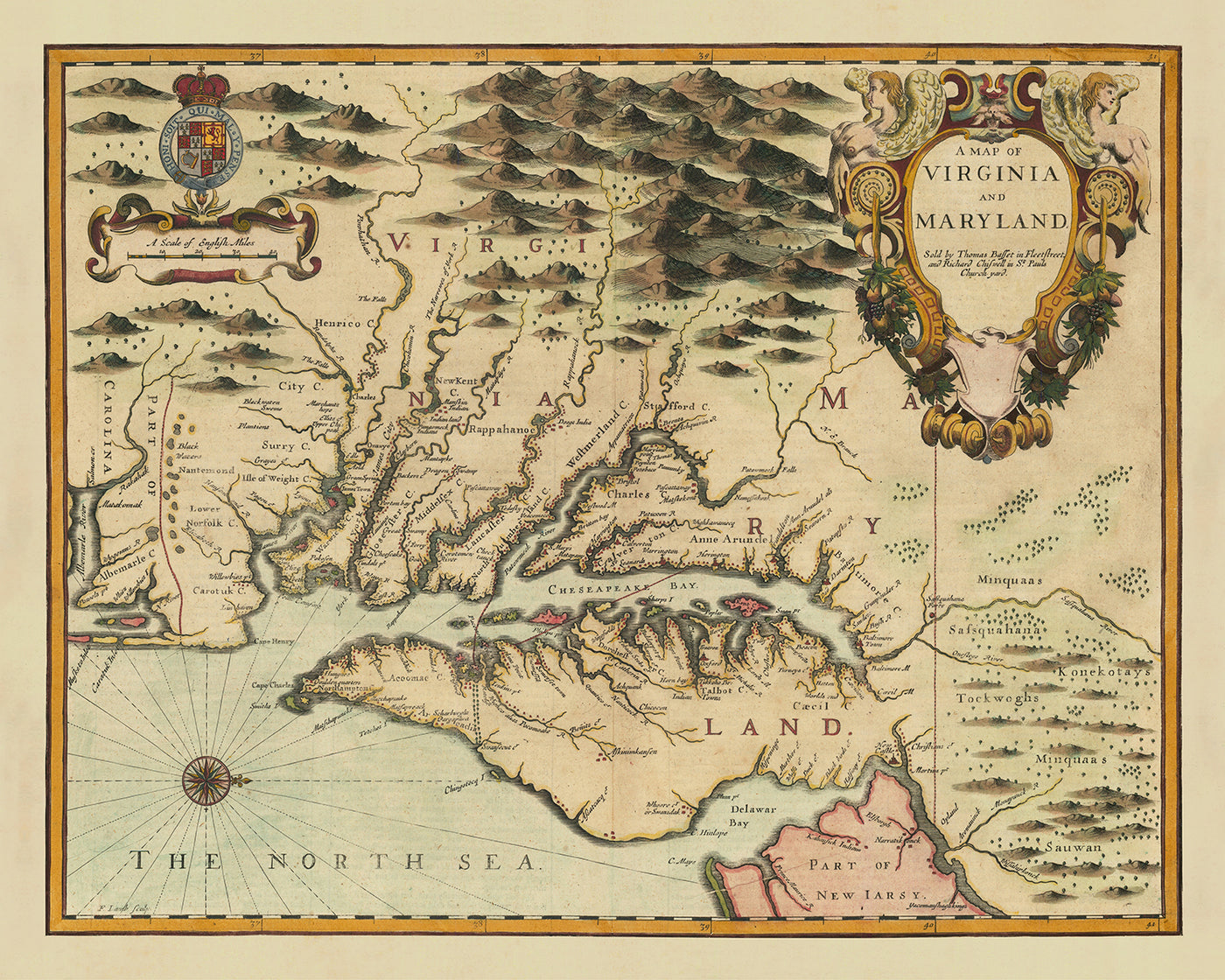 Old Map of Virginia & Maryland by John Speed, 1676: Jamestown, Yorktow ...