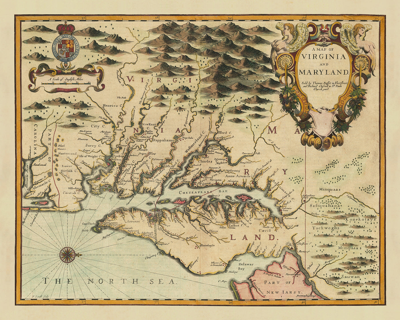 Mapa antiguo de Virginia y Maryland de John Speed, 1676: Jamestown, Yorktown, la bahía de Chesapeake y la línea Mason-Dixon
