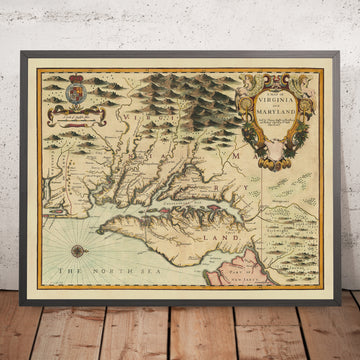 Ancienne carte de la Virginie et du Maryland par John Speed, 1676 : Jamestown, Yorktown, la baie de Chesapeake et la ligne Mason-Dixon