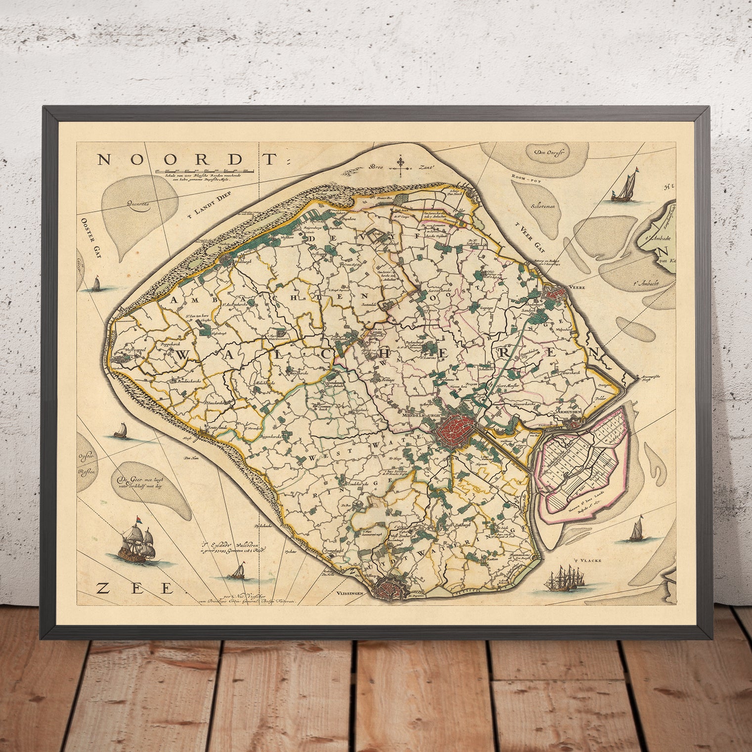 Old Map of Walcheren Island, Zeeland by Visscher, 1690: Middelburg, Vl ...