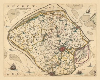 Old Map of Walcheren Island, Zeeland by Visscher, 1690: Middelburg, Vlissingen, Domburg, Veere, Koudekerke