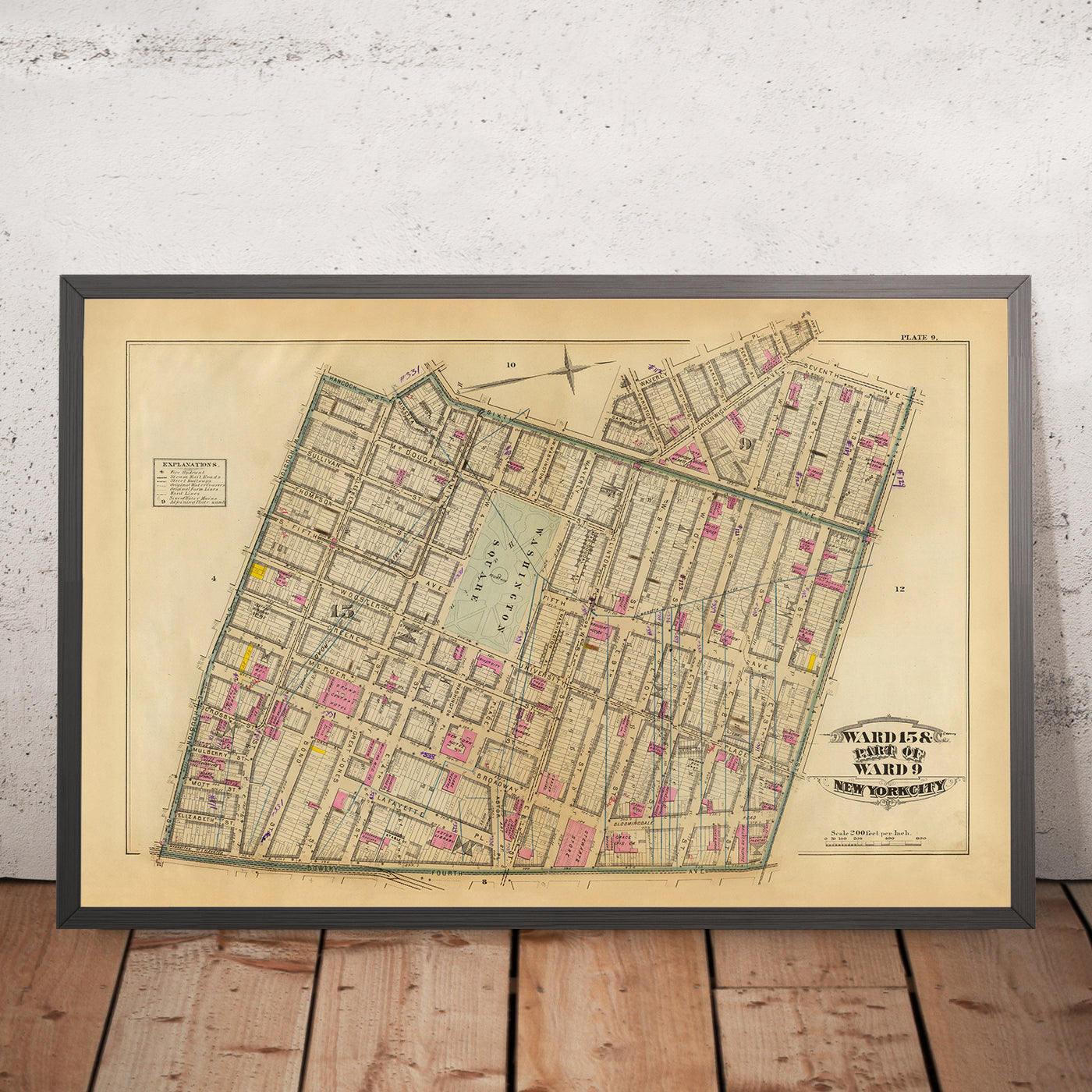 Mapa antiguo de Greenwich Village, Nueva York, 1879: Washington Sq, Jefferson Market, Broadway, Lafayette St, Steam Railways