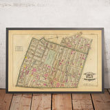 Ancienne carte de Greenwich Village, New York, 1879 : Washington Sq, Jefferson Market, Broadway, Lafayette St, Steam Railways
