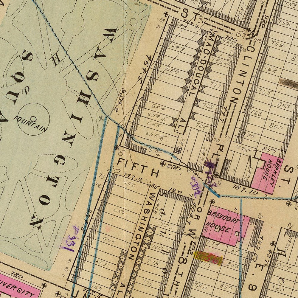 Ancienne carte de Greenwich Village, New York, 1879 : Washington Sq, Jefferson Market, Broadway, Lafayette St, Steam Railways