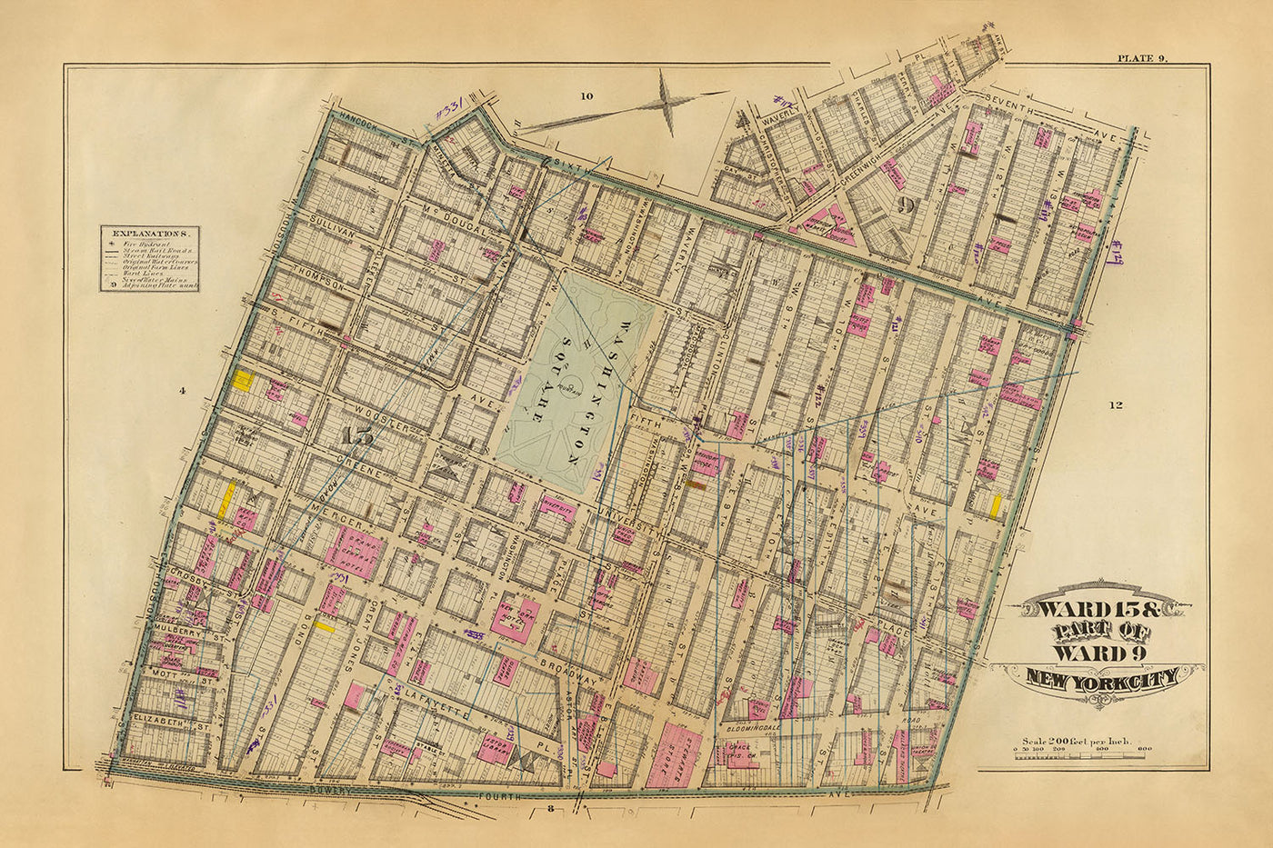 Alte Karte von Greenwich Village, NYC, 1879: Washington Sq, Jefferson Market, Broadway, Lafayette St, Steam Railways