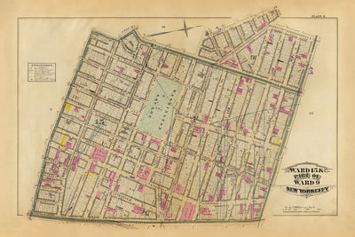 Ancienne carte de Greenwich Village, New York, 1879 : Washington Sq, Jefferson Market, Broadway, Lafayette St, Steam Railways