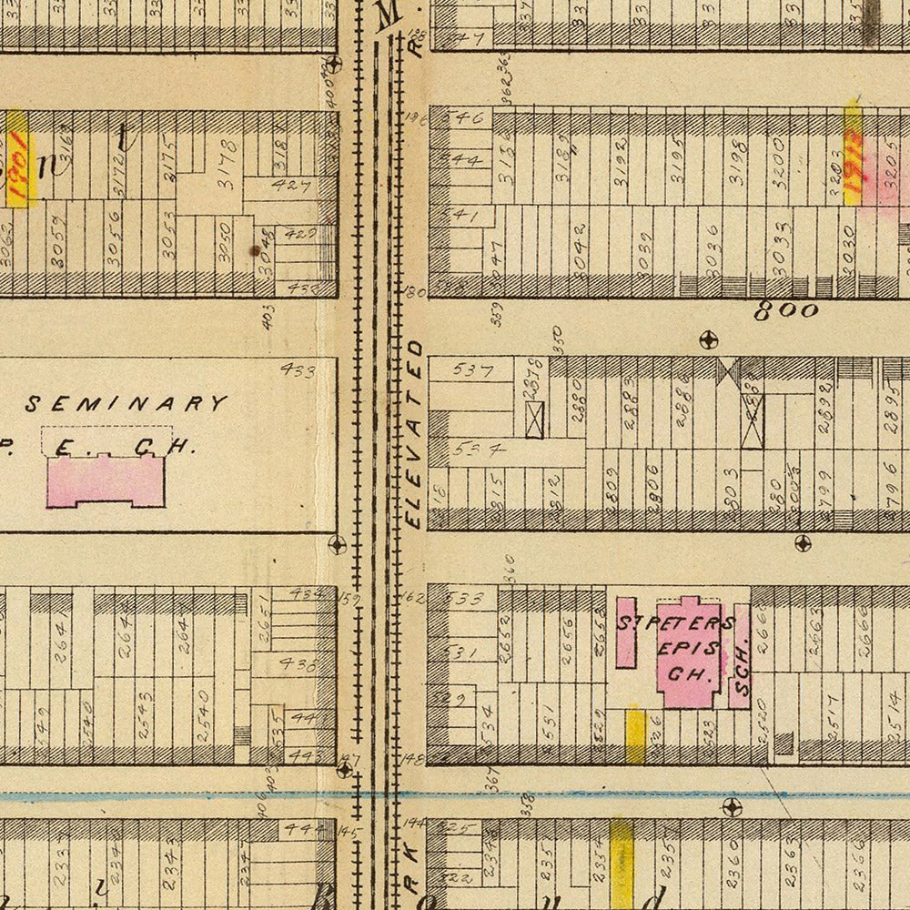 Old Map of Chelsea, New York City, 1879: 6th to 13th Ave, Theological Seminary, Retort House, Grand Opera House