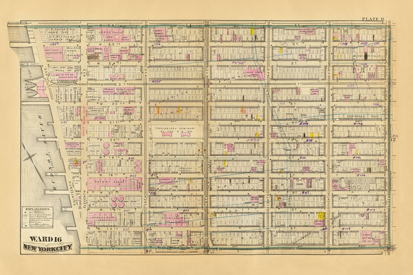 Ancienne carte de Chelsea, New York, 1879 : 6e à 13e avenue, Séminaire théologique, Retort House, Grand Opera House