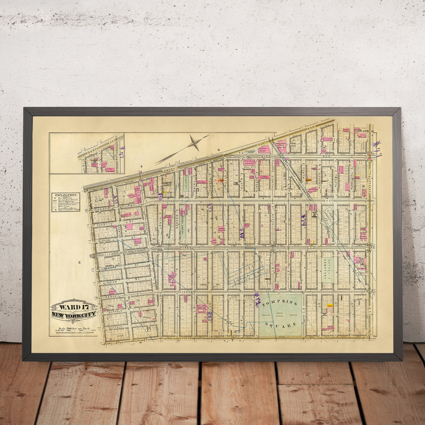 Mapa antiguo de East Village, Nueva York, 1879: Tompkins Square, Stuyvesant Park, Steam Railways.