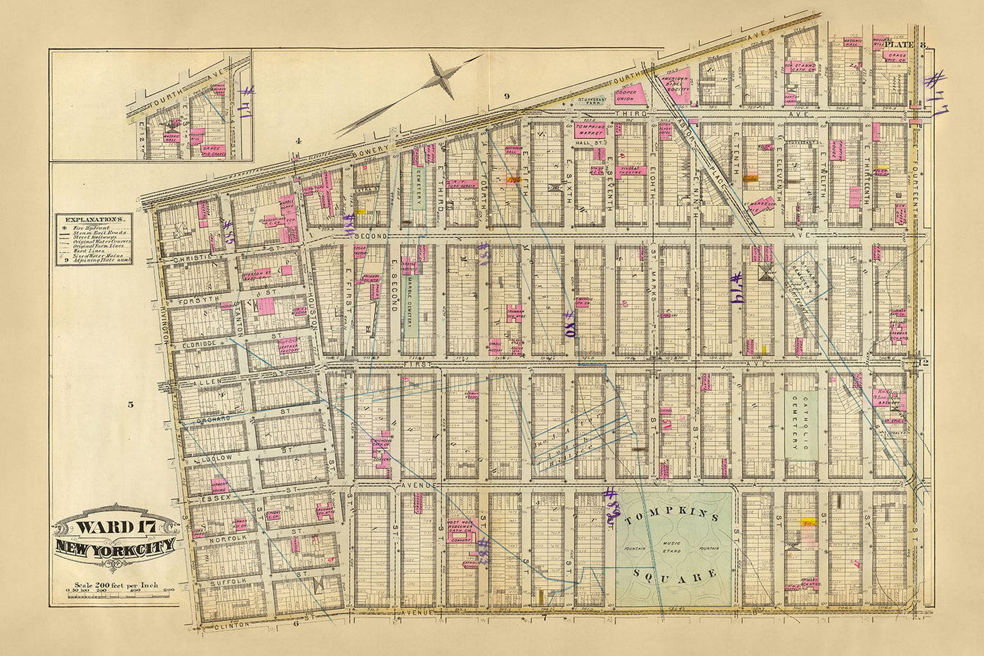 Ancienne carte d'East Village, New York, 1879 : Tompkins Square, Stuyvesant Park, Steam Railways.