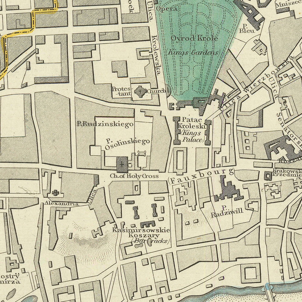 Mapa antiguo de Varsovia, 1870: río Vístula, casco antiguo, parque Łazienki, castillo real, museo del Levantamiento de Varsovia