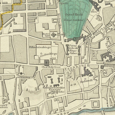 Mapa antiguo de Varsovia, 1870: río Vístula, casco antiguo, parque Łazienki, castillo real, museo del Levantamiento de Varsovia