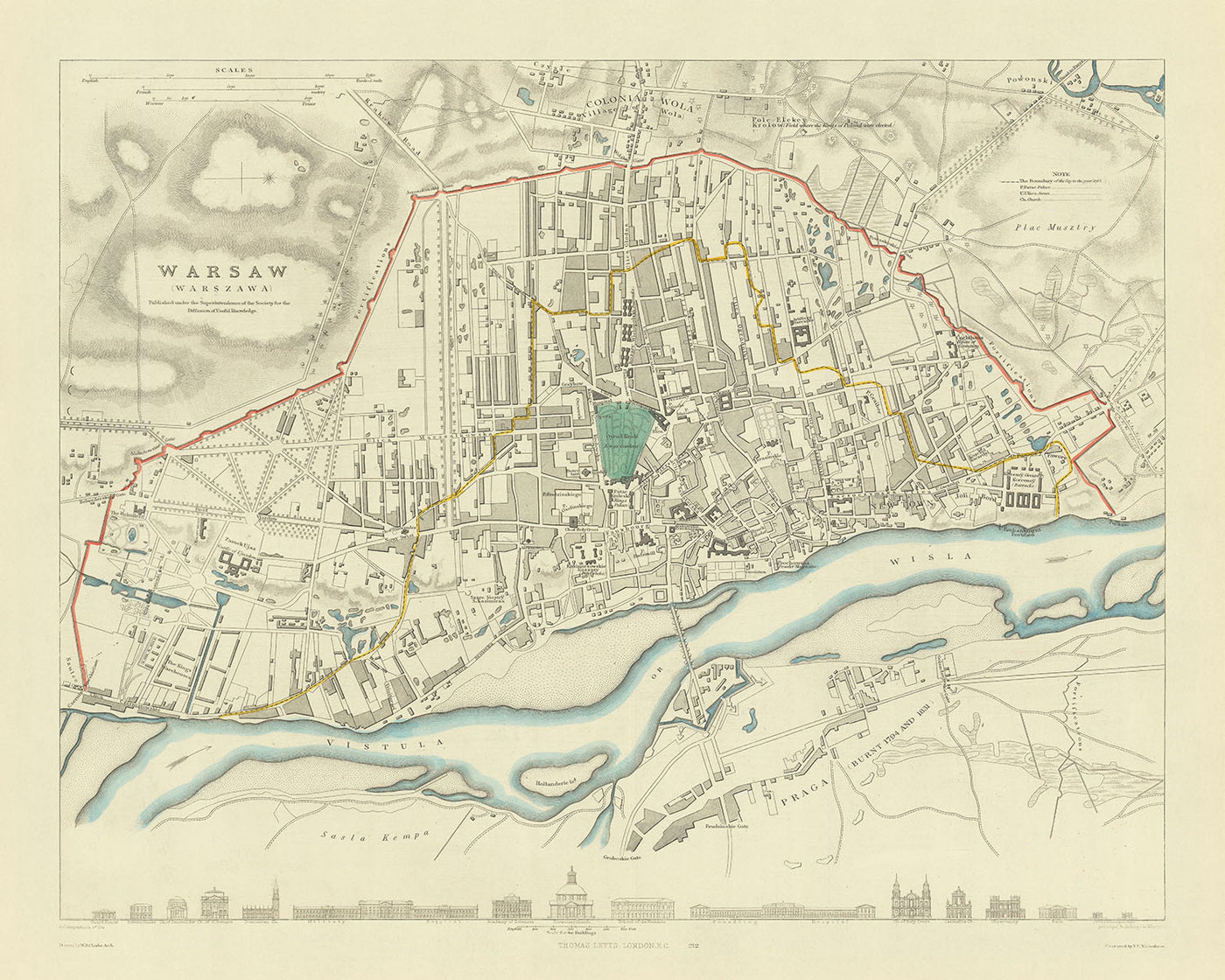 Alte Karte von Warschau, 1870: Weichsel, Altstadt, Łazienki-Park, Königsschloss, Museum des Warschauer Aufstands