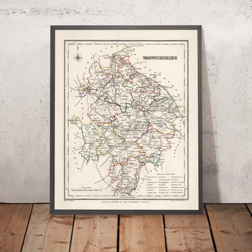 Mappa antica del Warwickshire di Samuel Lewis, 1844: Birmingham, Coventry, Stratford-upon-Avon, Warwick, Rugby 