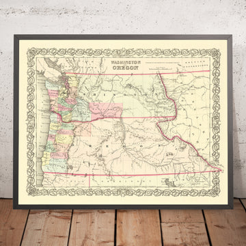 Old map of Washington & Oregon by Colton, 1859: Olympia, Vancouver, Salem, Portland, Walla Walla