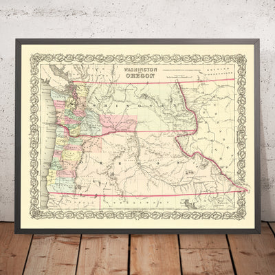 Mapa antiguo de Washington y Oregón por Colton, 1859: Olympia, Vancouver, Salem, Portland, Walla Walla