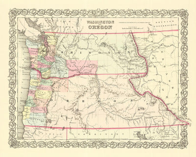 Ancienne carte de Washington et de l'Oregon par Colton, 1859 : Olympia, Vancouver, Salem, Portland, Walla Walla