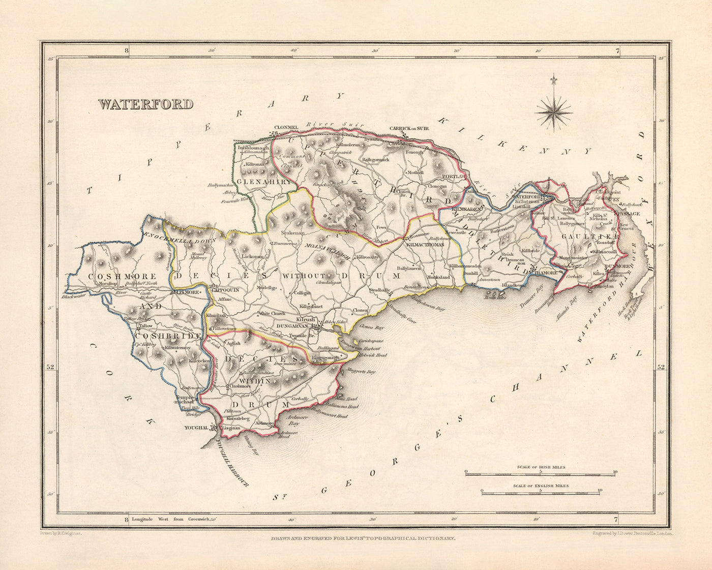 Mapa antiguo del condado de Waterford por Samuel Lewis, 1844: Dungarvan, Lismore, Cappoquin, Tramore, Dunmore East