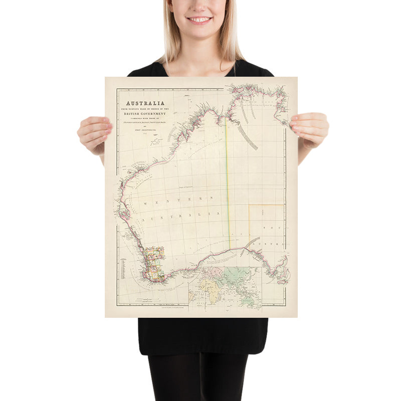 Alte Karte von Westaustralien von Arrowsmith, 1844: Perth, Adelaide, Küstenlinien, Grafschaften, Entdeckungen