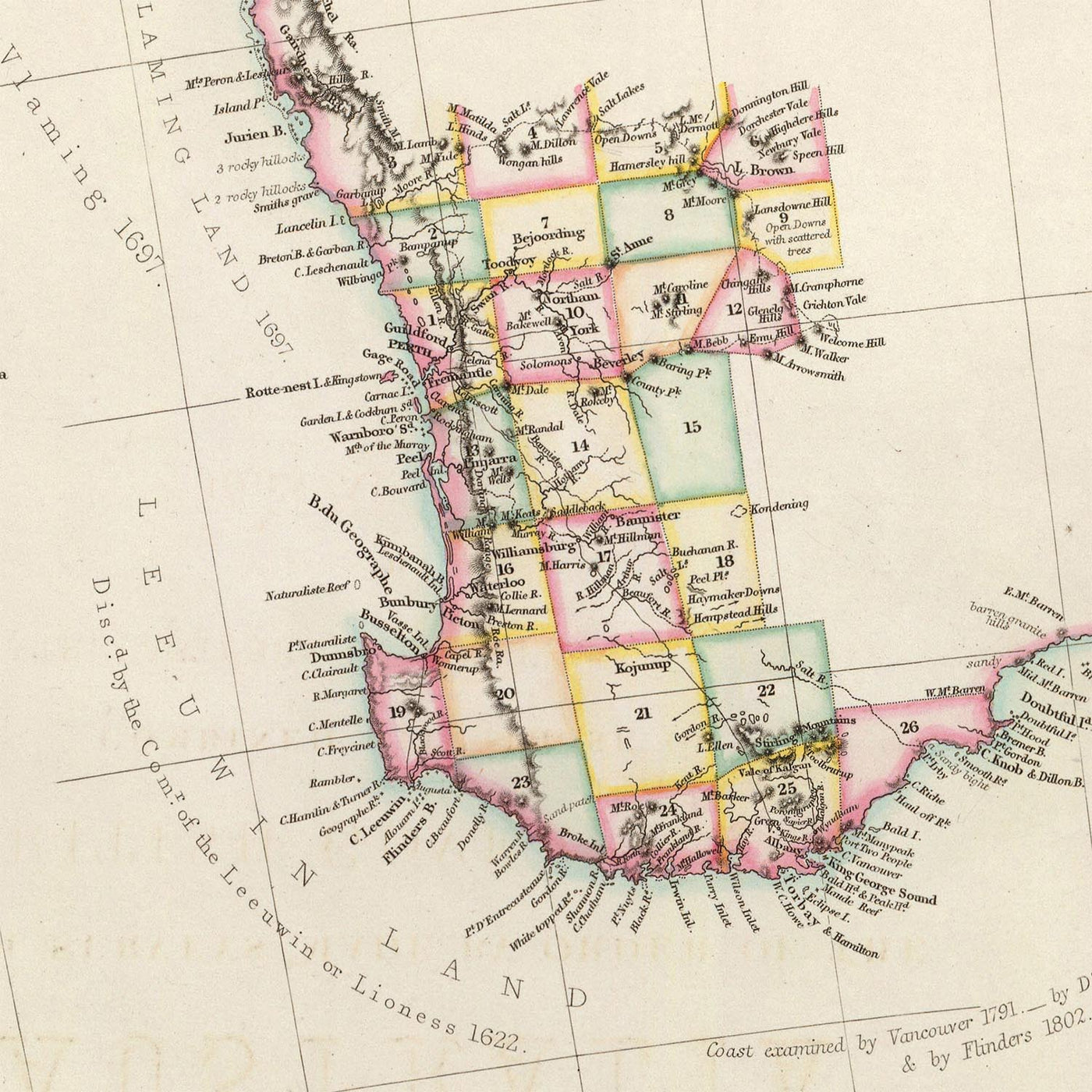 Alte Karte von Westaustralien von Arrowsmith, 1844: Perth, Adelaide, Küstenlinien, Grafschaften, Entdeckungen