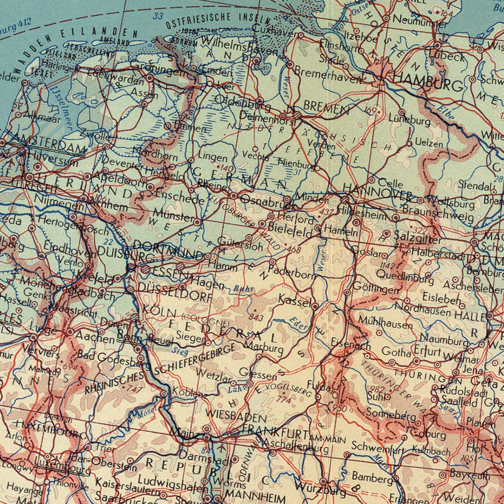 Old Map of Western Europe, 1967: Detailed Political and Physical Map, Shipping Lanes