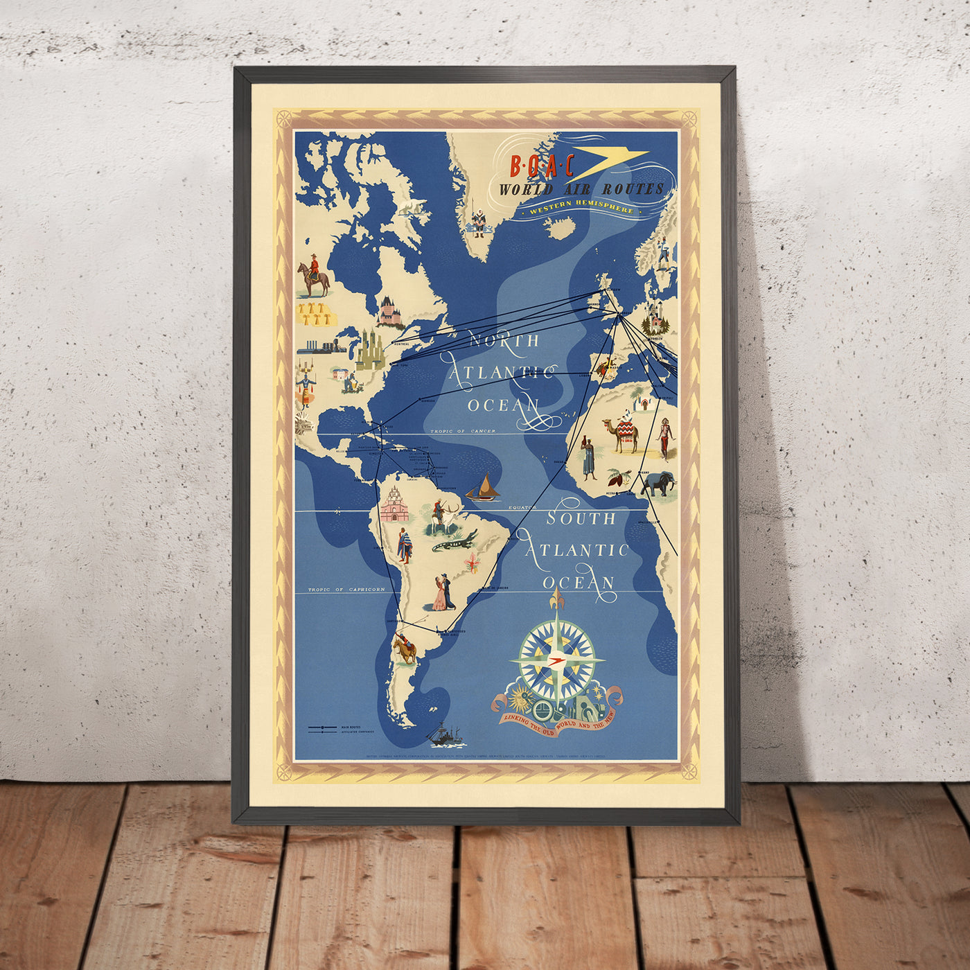 Mapa del Viejo Mundo de rutas aéreas del hemisferio occidental por BOAC, 1949: encarnando el amanecer de la era del jet, el estilo artístico pictórico y la representación temática de la conectividad global