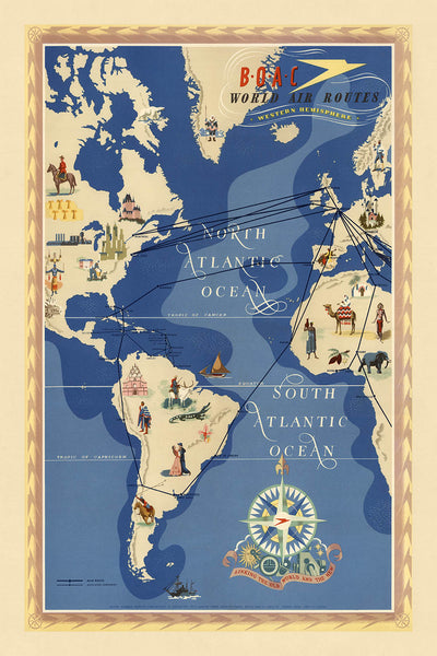Carte du vieux monde des routes aériennes de l'hémisphère occidental par la BOAC, 1949 : incarnation de l'aube de l'ère des avions à réaction, du style artistique pictural et de la représentation thématique de la connectivité mondiale
