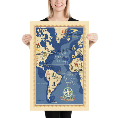 Carte du vieux monde des routes aériennes de l'hémisphère occidental par la BOAC, 1949 : incarnation de l'aube de l'ère des avions à réaction, du style artistique pictural et de la représentation thématique de la connectivité mondiale
