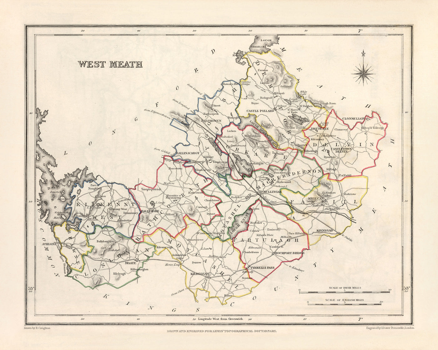 Mapa antiguo del condado de Westmeath por Samuel Lewis, 1844: Mullingar, Athlone, Kilbeggan, Moate, Fore