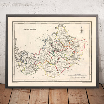 Mapa antiguo del condado de Westmeath por Samuel Lewis, 1844: Mullingar, Athlone, Kilbeggan, Moate, Fore