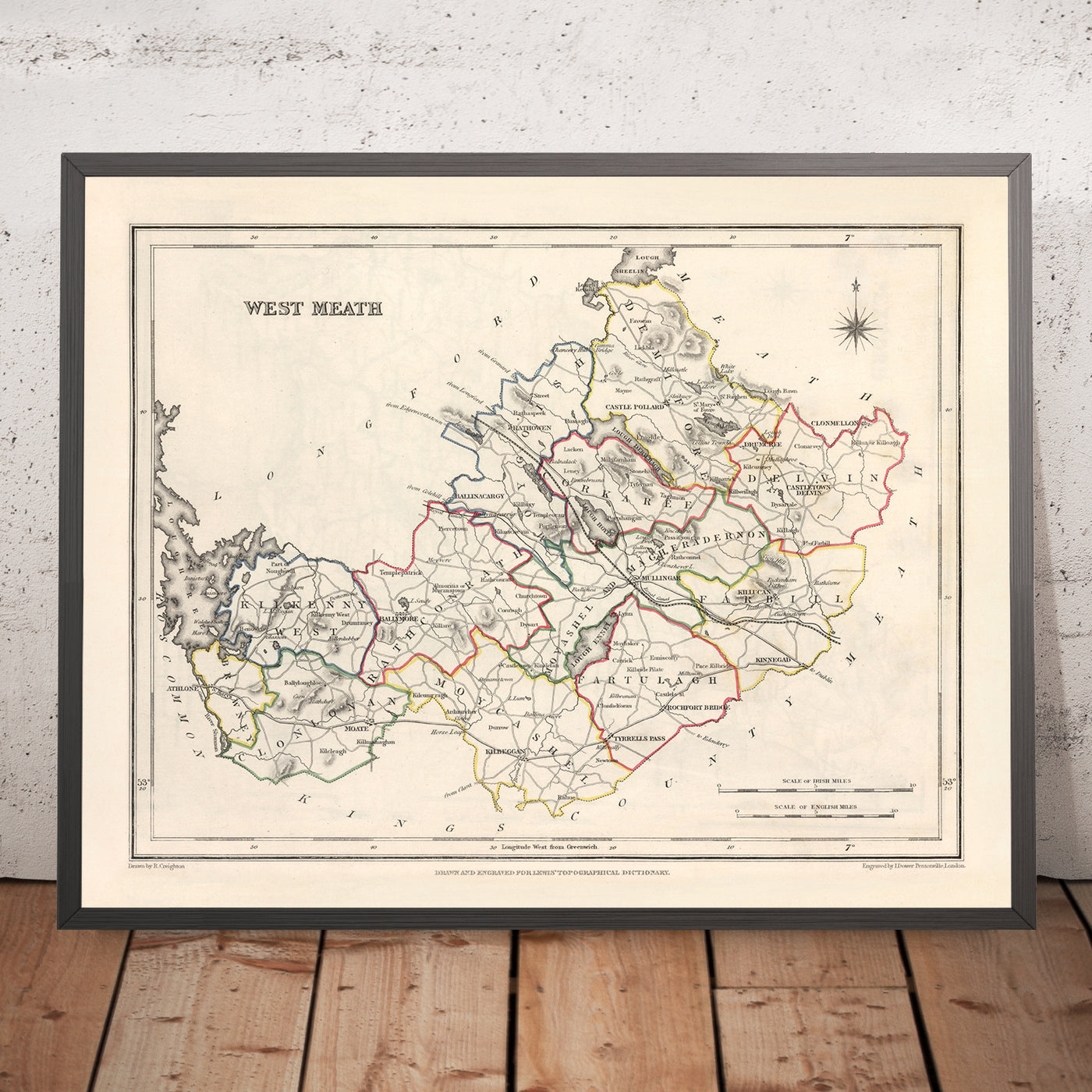 Alte Karte der Grafschaft Westmeath von Samuel Lewis, 1844: Mullingar, Athlone, Kilbeggan, Moate, Fore