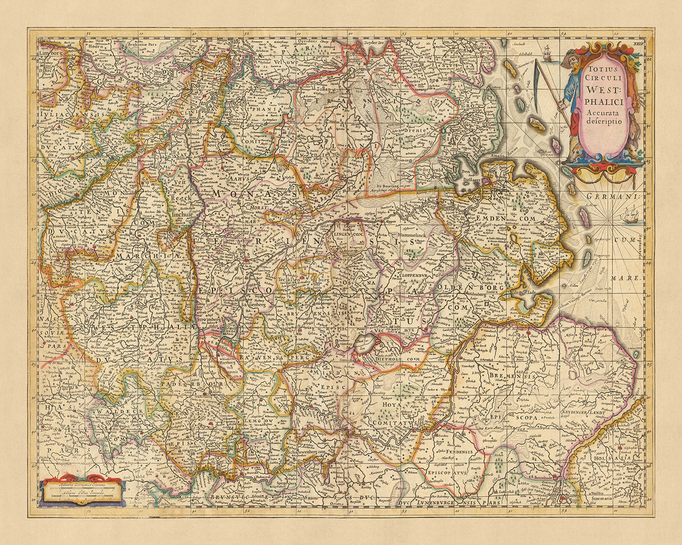 Alte Karte von Westfalen von Visscher, 1690: Hamburg, Bremen, Hannover, Köln, Dortmund