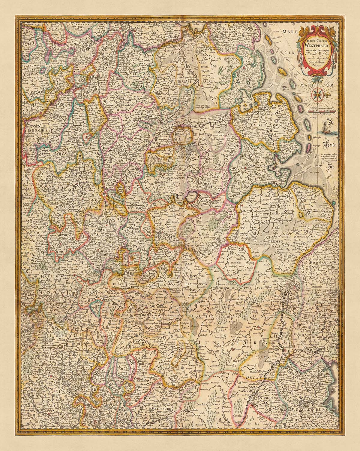 Mapa antiguo de Westfalia de Visscher, 1690: Hamburgo, Bremen, Hannover, Colonia, Dortmund