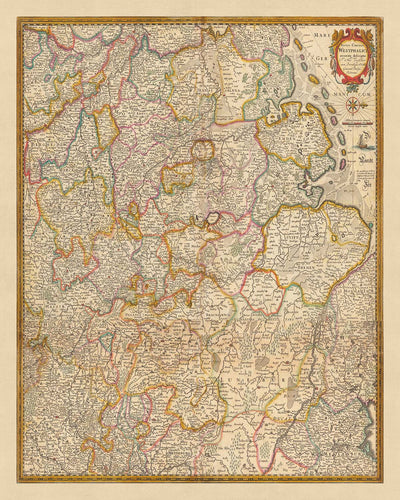 Old Map of Westphalia by Visscher, 1690: Hamburg, Bremen, Hanover, Cologne, Dortmund
