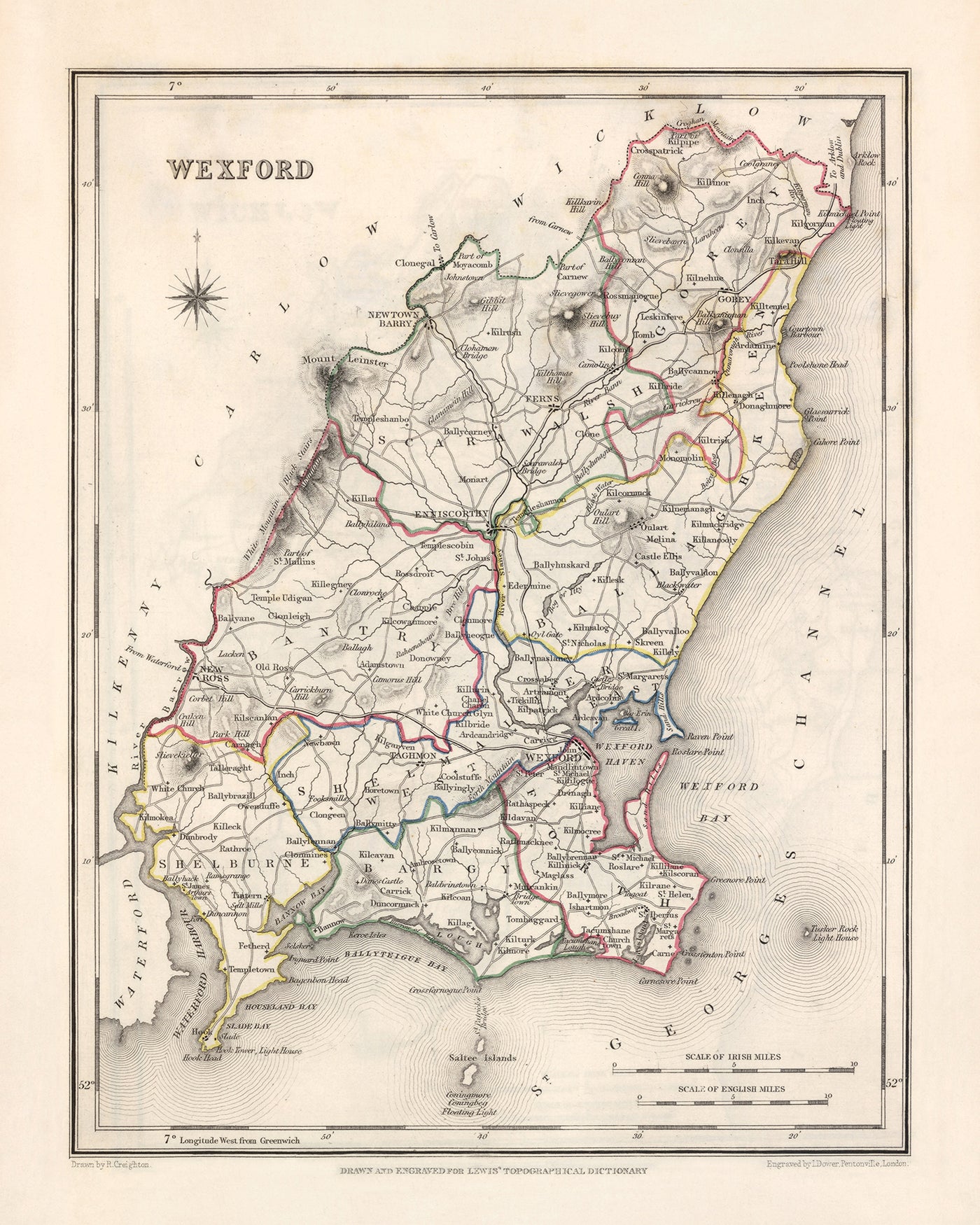 Mapa antiguo del condado de Wexford por Samuel Lewis, 1844: Enniscorthy, New Ross, Gorey, helechos y características históricas