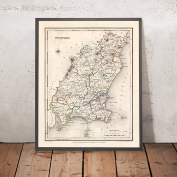 Mappa antica della contea di Wexford di Samuel Lewis, 1844: Enniscorthy, New Ross, Gorey, Ferns e caratteristiche storiche 