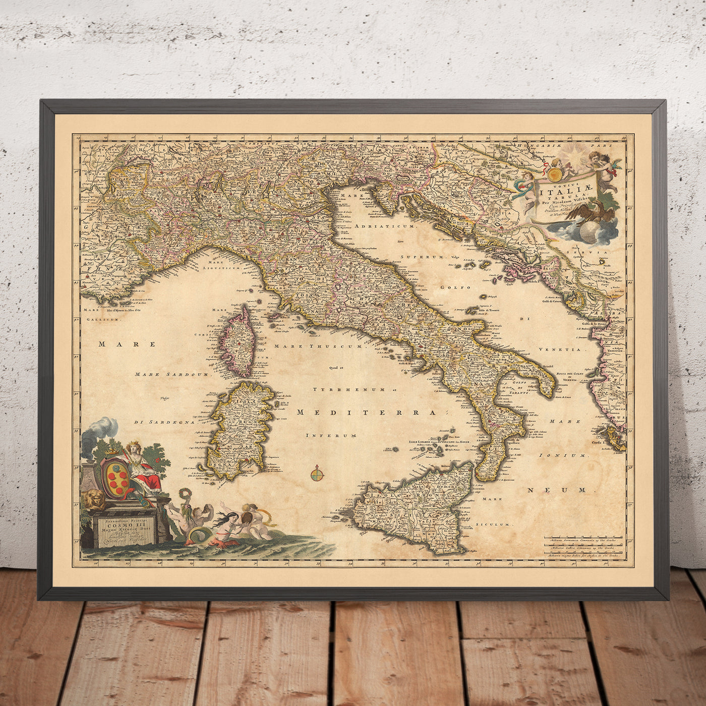 Ancienne carte de l'Italie par Visscher, 1690 : Rome, Milan, Palerme, Florence, Monaco