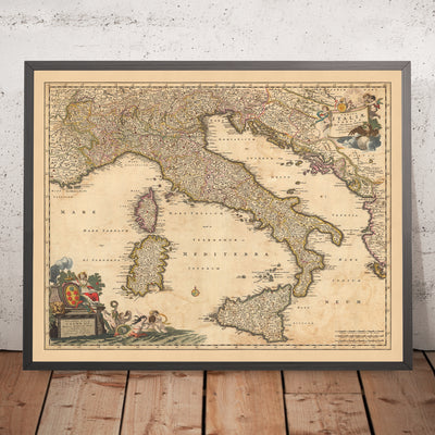 Antiguo mapa de Italia de Visscher, 1690: Roma, Milán, Palermo, Florencia, Mónaco
