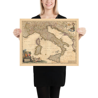 Antiguo mapa de Italia de Visscher, 1690: Roma, Milán, Palermo, Florencia, Mónaco