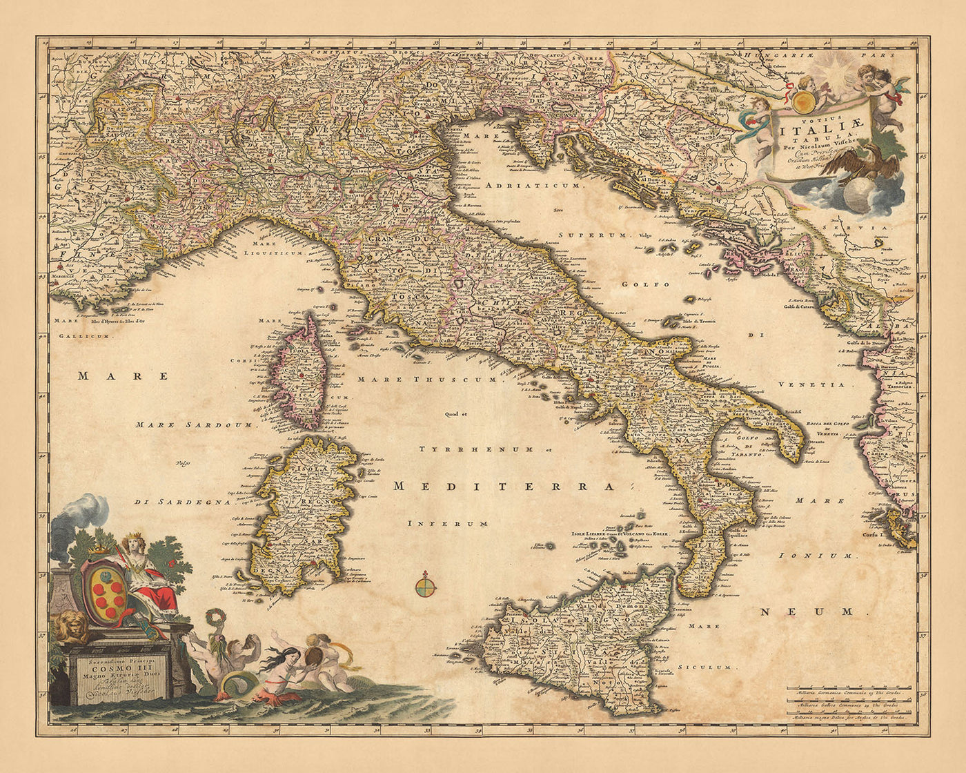Ancienne carte de l'Italie par Visscher, 1690 : Rome, Milan, Palerme, Florence, Monaco