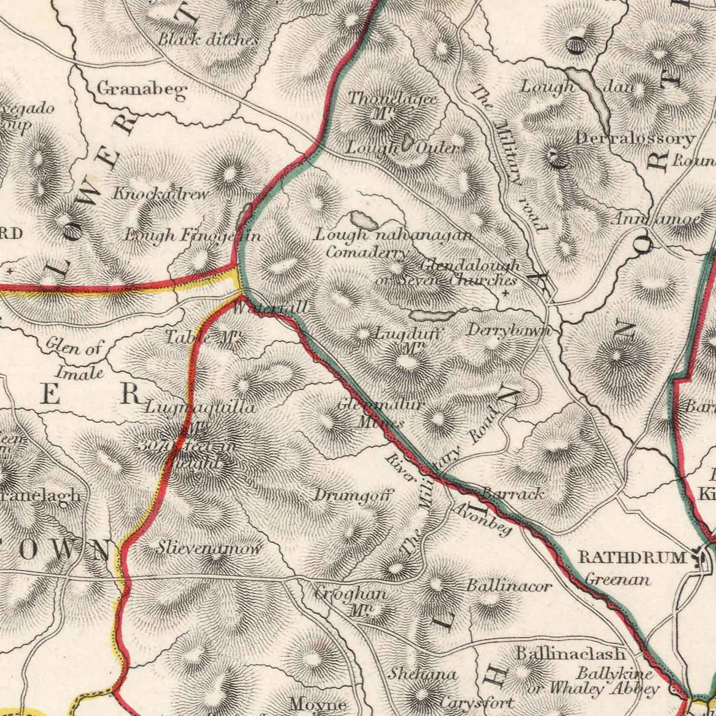Alte Karte des County Wicklow von Samuel Lewis, 1844: Bray, Arklow, Baltinglass, Blessington, Glendalough 