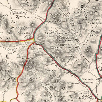Alte Karte des County Wicklow von Samuel Lewis, 1844: Bray, Arklow, Baltinglass, Blessington, Glendalough 