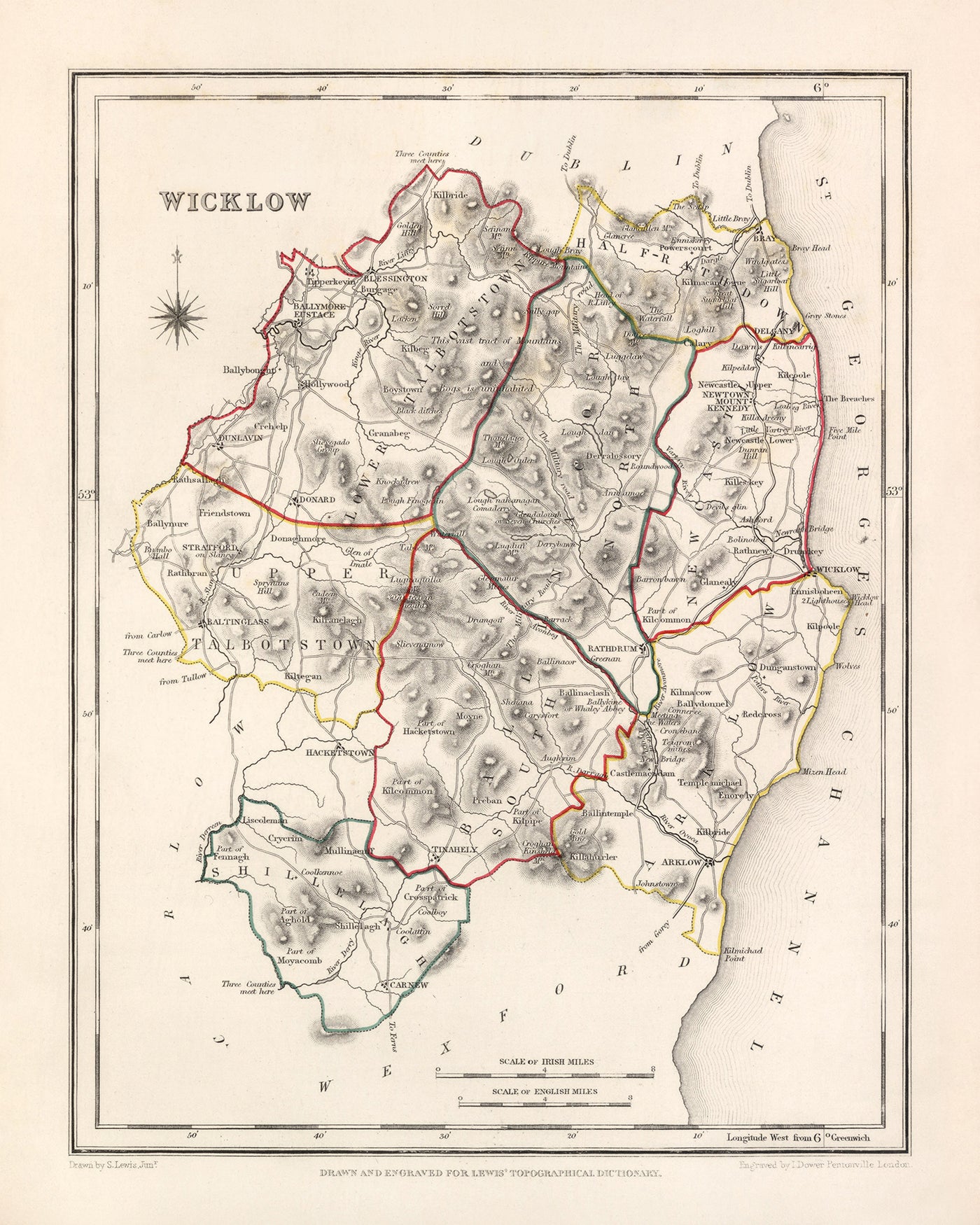 Old Map of County Wicklow by Samuel Lewis, 1844: Bray, Arklow, Baltinglass, Blessington, Glendalough