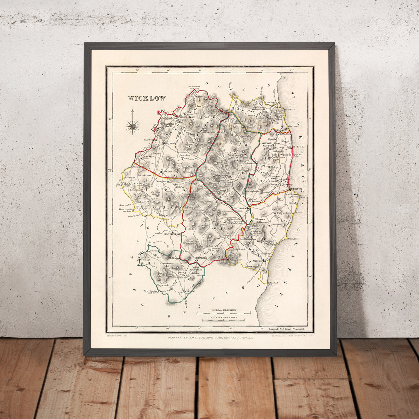 Ancienne carte du comté de Wicklow par Samuel Lewis, 1844 : Bray, Arklow, Baltinglass, Blessington, Glendalough